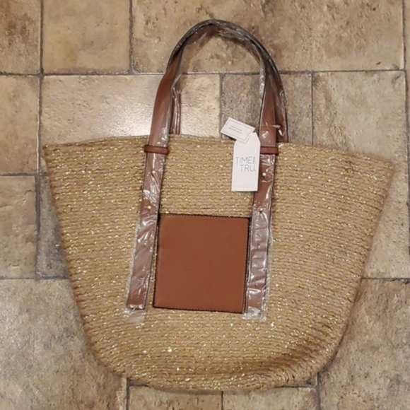 Women's Time and Tru Jute Pocket Beach Bag Tote Bag Vacation Bag Reusable Gold - Picture 1 of 5